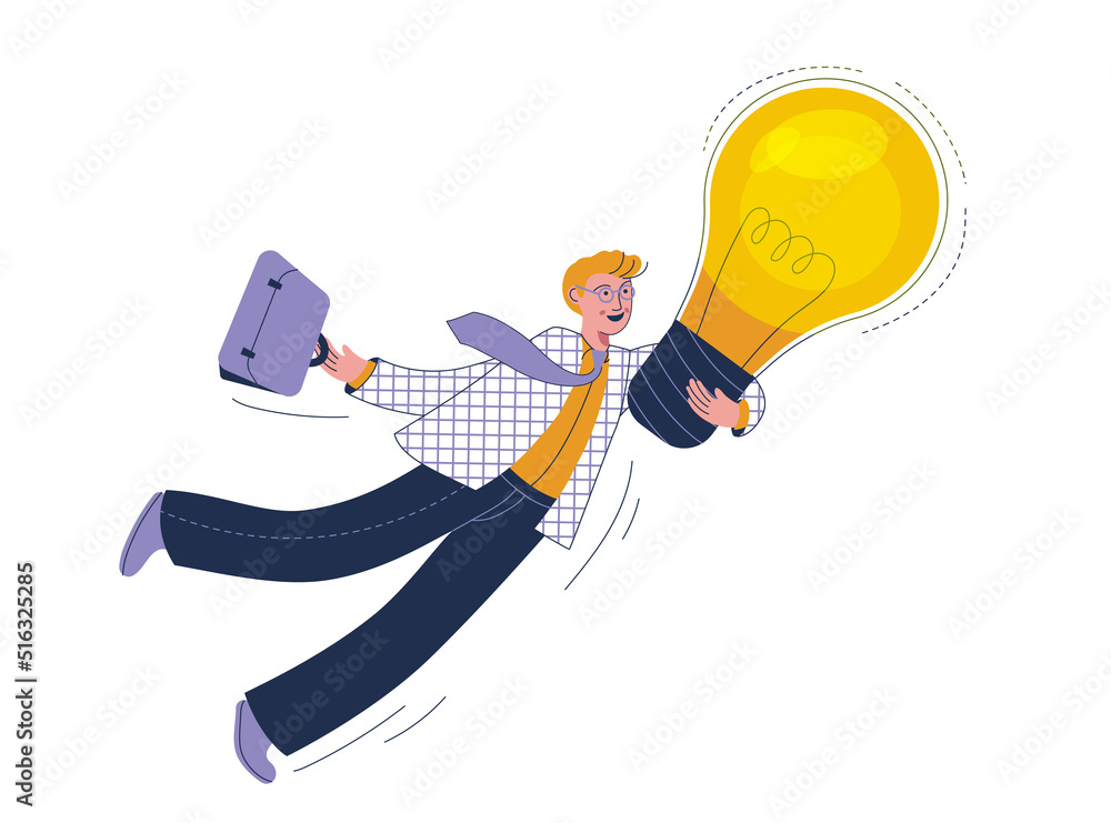 Businessman fly with lightbulb idea. Big new idea, creativity and innovation to change or invent new product, solution to solve problem Businessman fly with lightbulb idea. Big new idea, creativity and innovation to change or invent new product, solution to solve problem