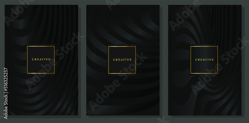 Elegant black background. Warped curves, glossy effect, abstract stucture with gold logo frame. Luxury brochure, cover set, fashionable flyer 