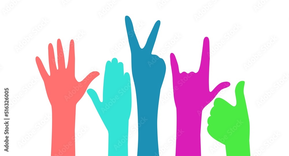 Hands. The multicolored silhouette. Gestures. Used in web design, covers, stickers, advertisements. Greeting, rally, party, celebration, LGBT. Vector. Graphics. Hands. The multicolored silhouette. Gestures. Used in web design, covers, stickers, advertisements. Greeting, rally, party, celebration, LGBT. Vector. Graphics.