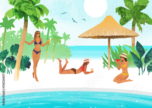 Summer vector vacation concept. Beautiful girls with tropical cocktails and fruit beside water pool. Vector hand drawn illustration with palm trees,beach, pool and women