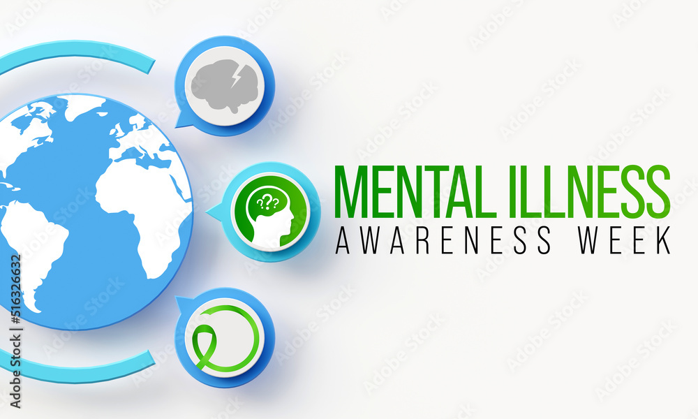 Mental illness awareness week is observed every year in October, it is a health problem that significantly affects how a person feels, thinks, behaves, and interacts with people. 3D Rendering Mental illness awareness week is observed every year in October, it is a health problem that significantly affects how a person feels, thinks, behaves, and interacts with people. 3D Rendering