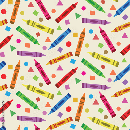 Cute colorful crayons seamless pattern with circles, triangles and squares . Great for school projects, stationary, posters, textile and gift wrapping paper	