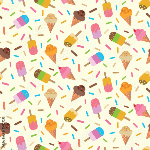 Colorful ice cream and popsicle  seamless pattern with sprinkles on light background. For summer textile, posters and gift wrapping paper 