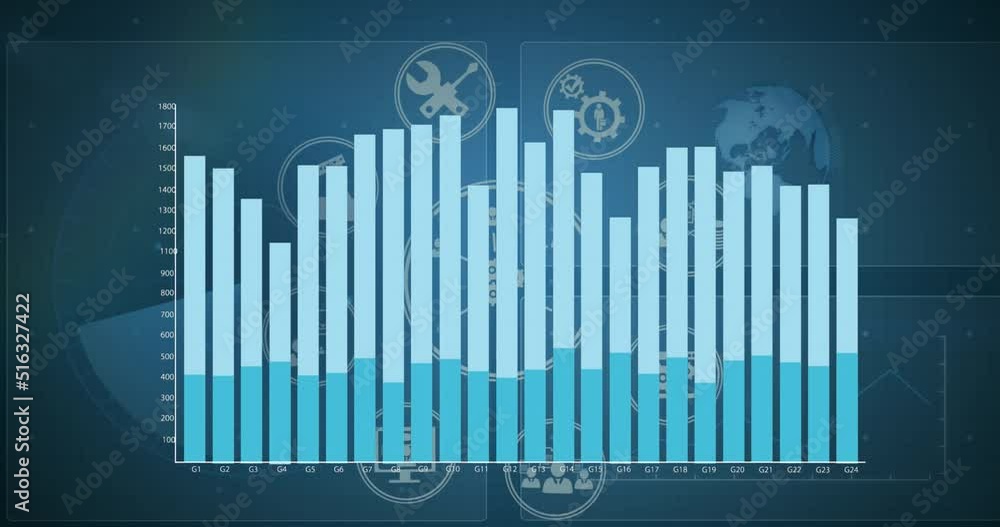 Animation of blue graph processing data over business icons and globe on blue background Animation of blue graph processing data over business icons and globe on blue background