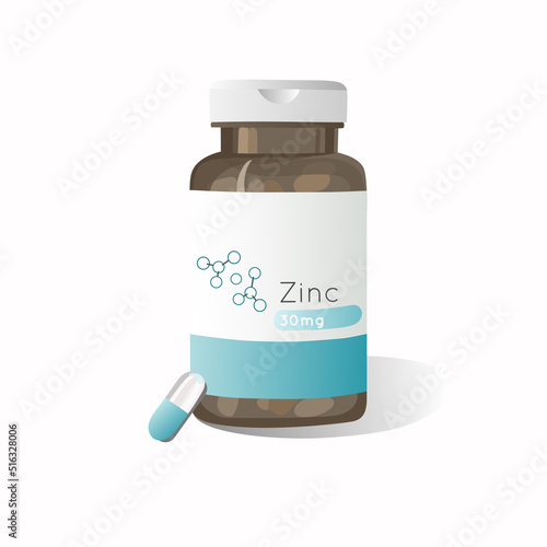 Dietary supplements. Zinc. Vitamins, natural supplements. Pills and capsules. Flat vector illustration.