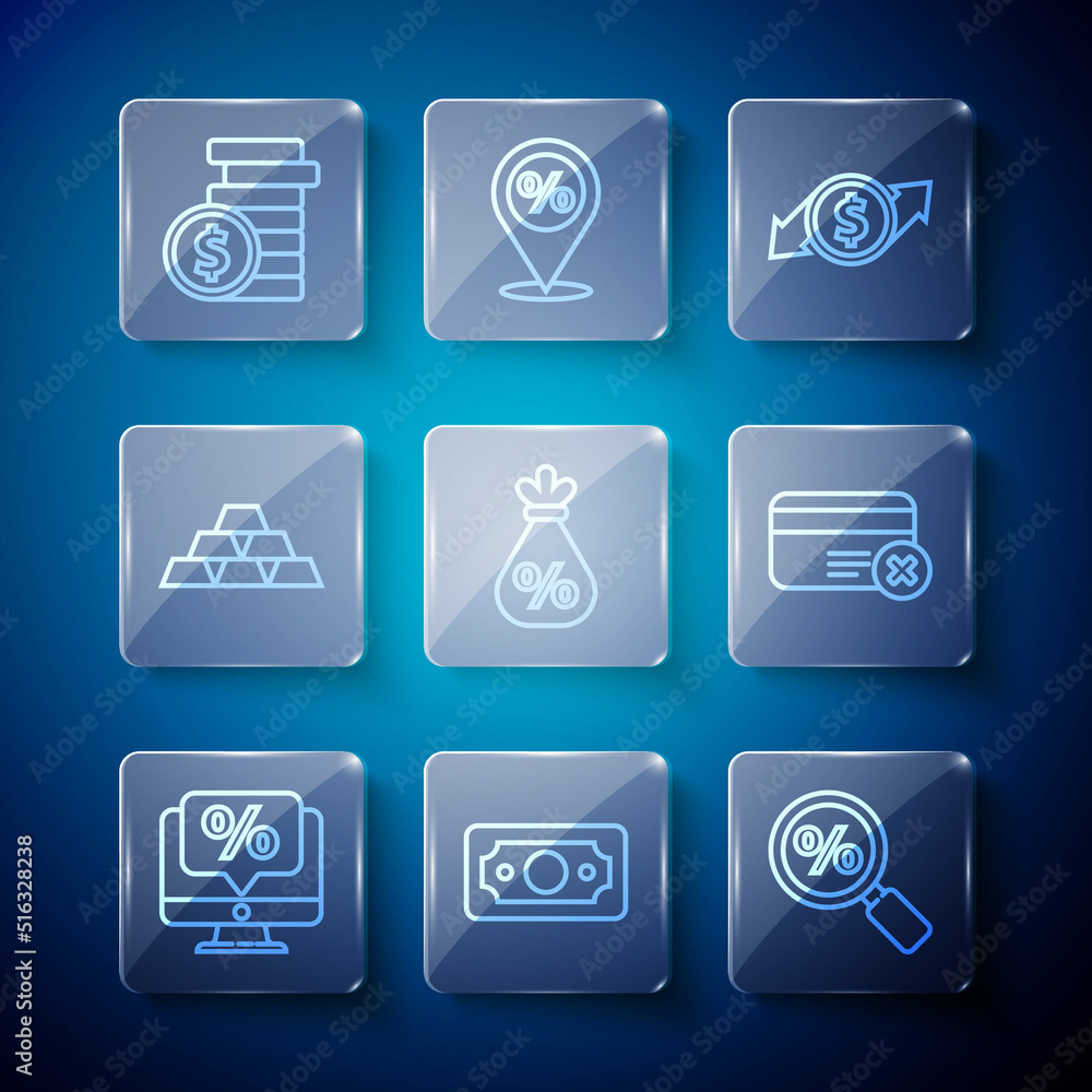 Set line Percent discount and monitor, Stacks paper money cash, Magnifying glass with percent, Financial growth dollar, Money bag, Gold bars, Coin and Credit card remove icon. Vector Set line Percent discount and monitor, Stacks paper money cash, Magnifying glass with percent, Financial growth dollar, Money bag, Gold bars, Coin and Credit card remove icon. Vector