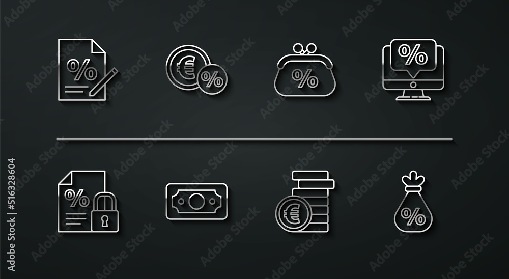 Set line Finance document, and lock, Percent discount monitor, Coin money with euro symbol, Stacks paper cash, Money coin percent, bag and Purse icon. Vector Set line Finance document, and lock, Percent discount monitor, Coin money with euro symbol, Stacks paper cash, Money coin percent, bag and Purse icon. Vector