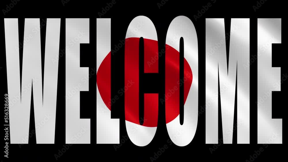 Welcome Sign silhouette with Japanese flag waving in the wind. seamless loopable animation. Welcome Sign silhouette with Japanese flag waving in the wind. seamless loopable animation.