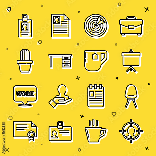 Set line Head hunting concept, Office chair, Chalkboard with diagram, Target sport, desk, Cactus and succulent pot, Identification badge and Cup of tea tea bag icon. Vector