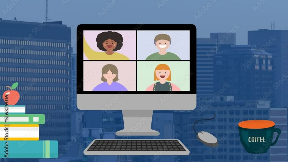 Animation of screen with people over cityscape Animation of screen with people over cityscape