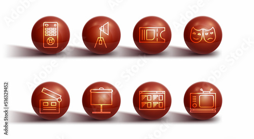 Set line Remote control, Movie clapper, Comedy and tragedy masks, Online play video, Projection screen, spotlight, Retro tv and Cinema ticket icon. Vector