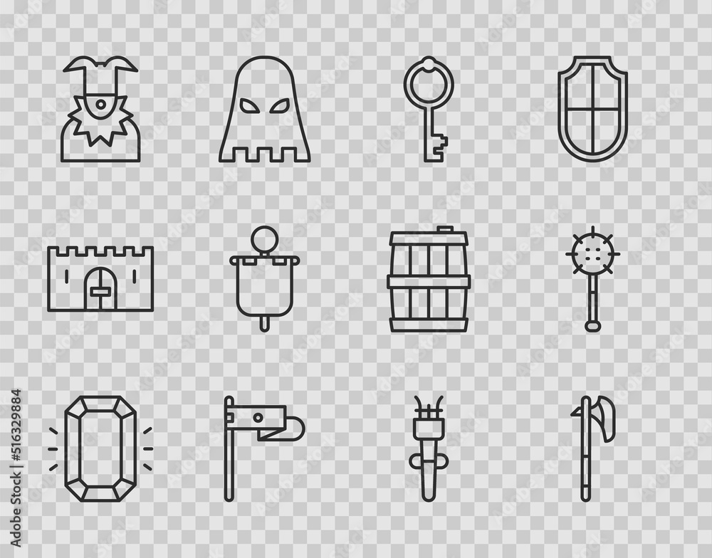 Set line Diamond, Medieval axe, Old key, flag, Joker head, Torch flame and chained mace ball icon. Vector Set line Diamond, Medieval axe, Old key, flag, Joker head, Torch flame and chained mace ball icon. Vector