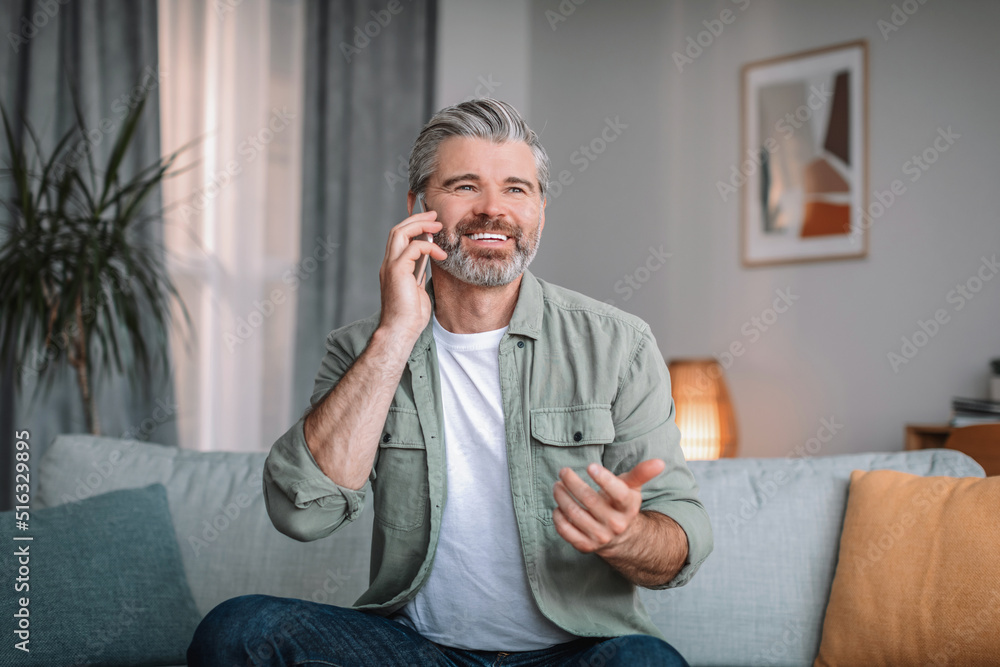 Cheerful caucasian senior male with beard calls by phone in living room interior. Retired talking to client at home Cheerful caucasian senior male with beard calls by phone in living room interior. Retired talking to client at home