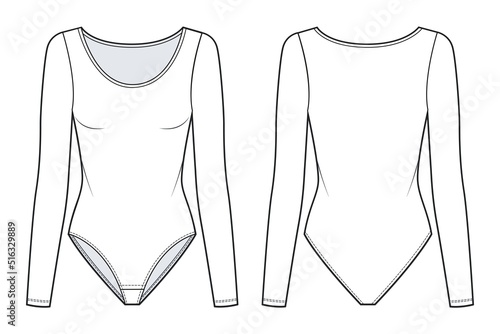 Women`s Bodysuit fashion flat technical drawing template. Long Sleeve Bodysuit with round neck fashion Cad, front and back view, white, mockup.