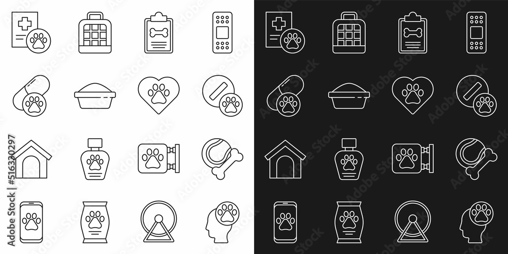 Set line Human with animals footprint, Pet toys bone rubber and ball, Dog pill, Clinical record pet, food bowl, and Heart icon. Vector Set line Human with animals footprint, Pet toys bone rubber and ball, Dog pill, Clinical record pet, food bowl, and Heart icon. Vector