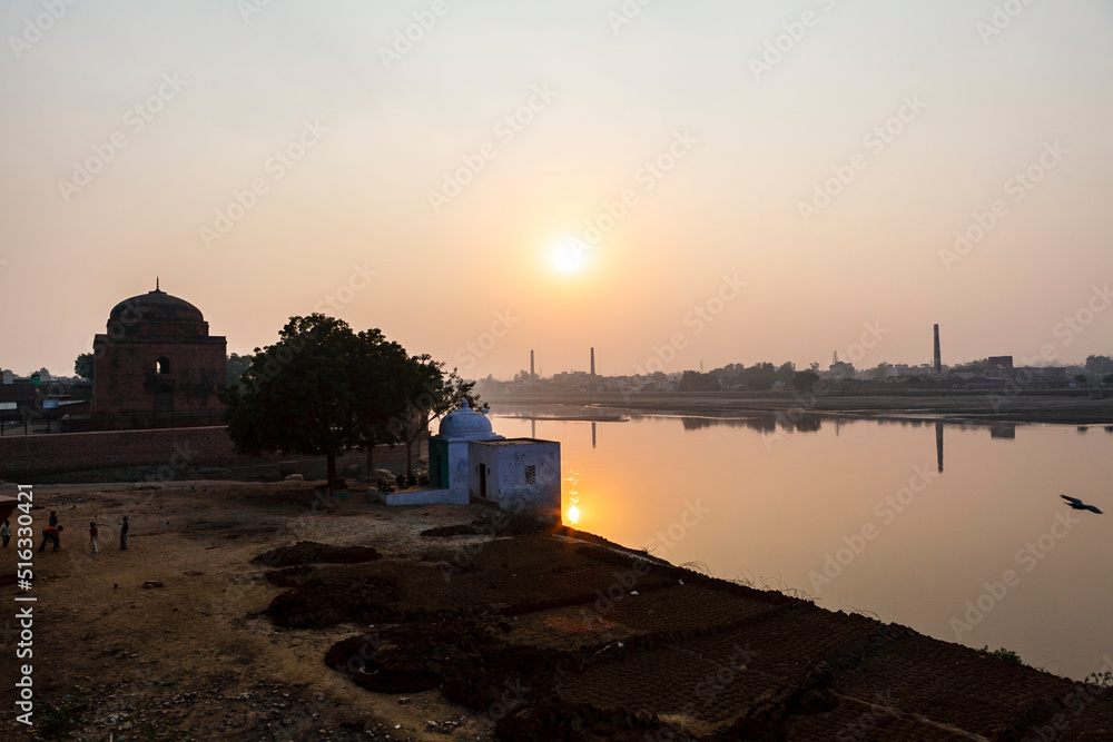 View from the Chini Ka Rauza (Chinese Tomb) at the Yamuna (Jumna) River in Agra, India, Asia