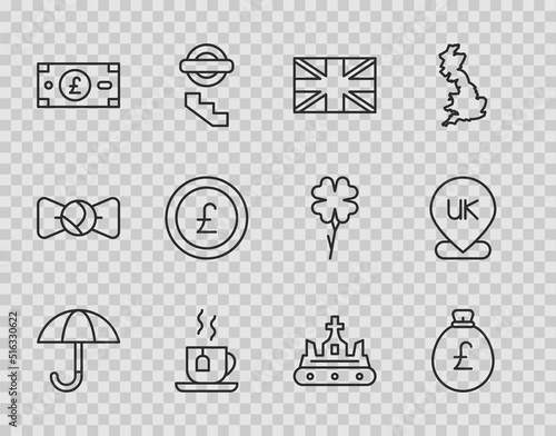 Set line Umbrella, Money bag with pound, Flag of Great Britain, Cup tea tea, Pound sterling money, Coin, British crown and Location England icon. Vector