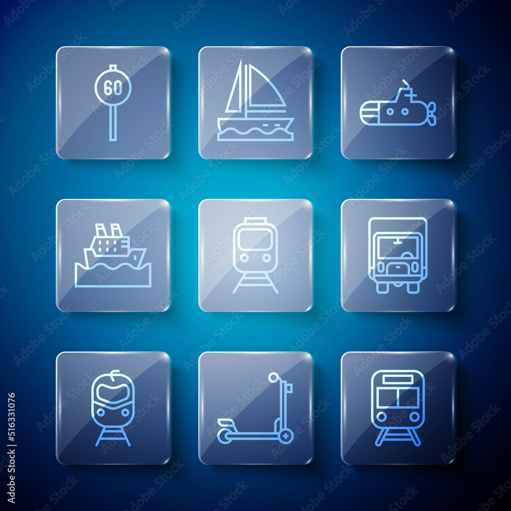 Set line Train and railway, Scooter, Submarine, Cruise ship, Speed limit traffic and Delivery cargo truck icon. Vector Set line Train and railway, Scooter, Submarine, Cruise ship, Speed limit traffic and Delivery cargo truck icon. Vector