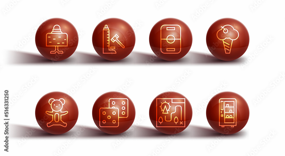 Set line Magic ball on table, Teddy bear plush toy, Ice cream in waffle cone, Amusement park map, Game dice, Striker attraction with hammer, Vending machine and Hockey icon. Vector Set line Magic ball on table, Teddy bear plush toy, Ice cream in waffle cone, Amusement park map, Game dice, Striker attraction with hammer, Vending machine and Hockey icon. Vector