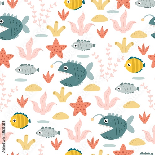 undersea seamless pattern with cartoon fish  coral  starfish  decor elements. Colorful vector flat for kids. hand drawing. baby design for fabric  print  wrapper  textile