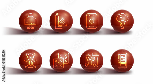 Set line Magic ball on table, Teddy bear plush toy, Ice cream in waffle cone, Amusement park map, Game dice, Striker attraction with hammer, Vending machine and Hockey icon. Vector