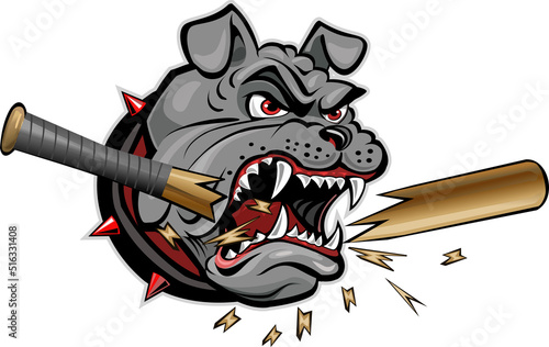 a fierce bulldog breaks a baseball bat