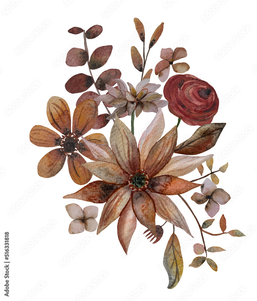 Watercolor autumn bouquets of dry flowers and leaves, boho autumn, sunflower, wheat, dahlias Watercolor autumn bouquets of dry flowers and leaves, boho autumn, sunflower, wheat, dahlias