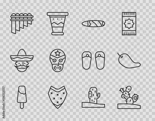 Set line Popsicle ice cream, Cactus, Cigar, Poncho, Pan flute, Mexican wrestler, and Hot chili pepper pod icon. Vector