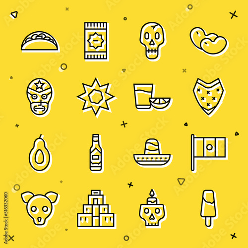 Set line Popsicle ice cream, Mexico flag, Poncho, Skull, Sun, Mexican wrestler, Taco with tortilla and Tequila glass lemon icon. Vector