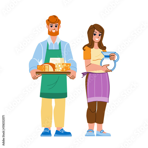 farmer milk cheese vector. dairy farm, cow cattle, agriculture food, organic production farmer milk cheese character. people flat cartoon illustration