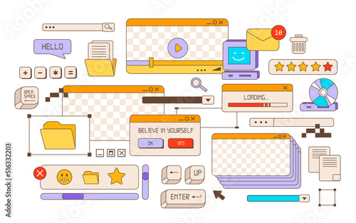 Browser windows in the vaporwave style of the 80-90s. Desktop PC with message windows and pop-up user interface elements. Old user interface. Vector illustration
