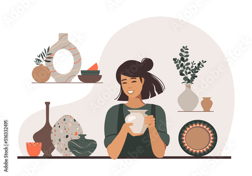 Concept pottery studio. A woman is making a clay vase. Creation of handmade ceramics. Vector illustration. photo