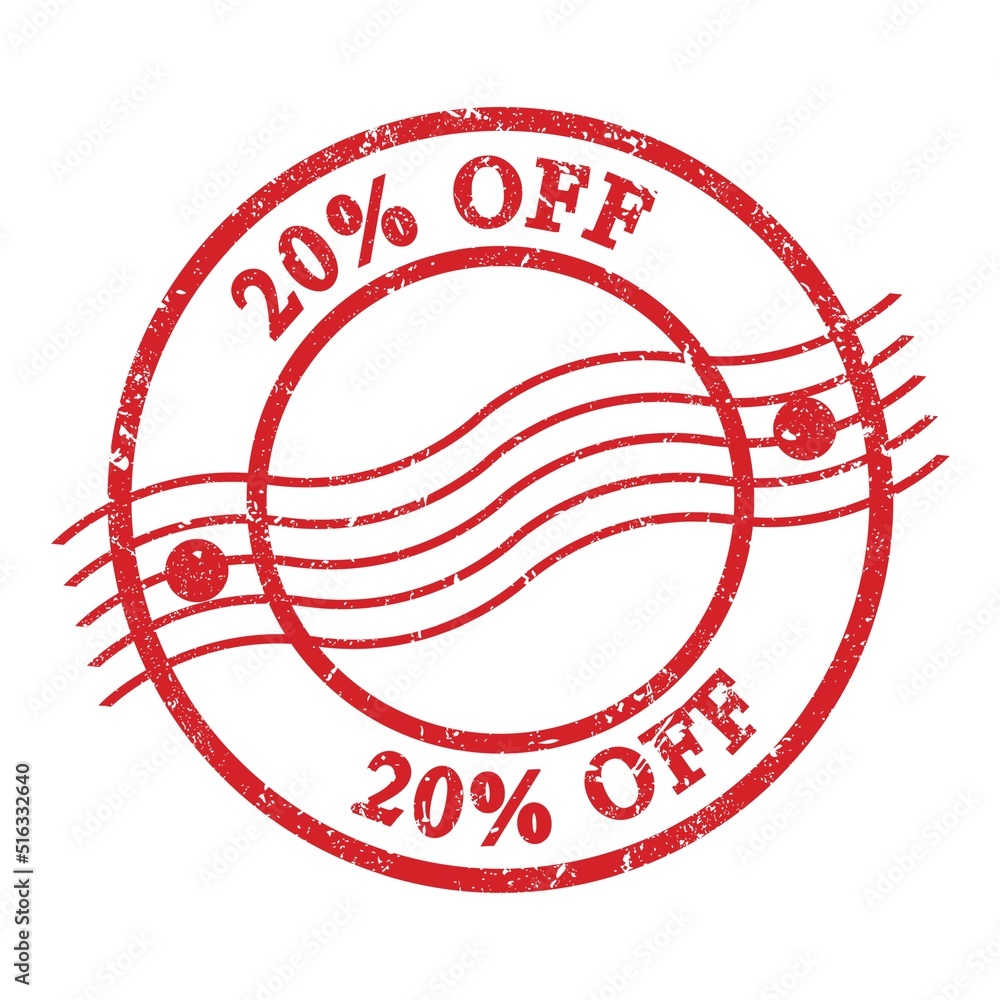 20% OFF, text written on red postal stamp. 20% OFF, text written on red postal stamp.