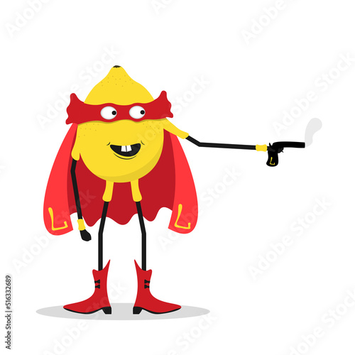 Cute cartoon lemon fruit, superhero character, vector food power. Lemon fruit in super hero red cape costume and mask, kids organic natural food and vitamins superpower