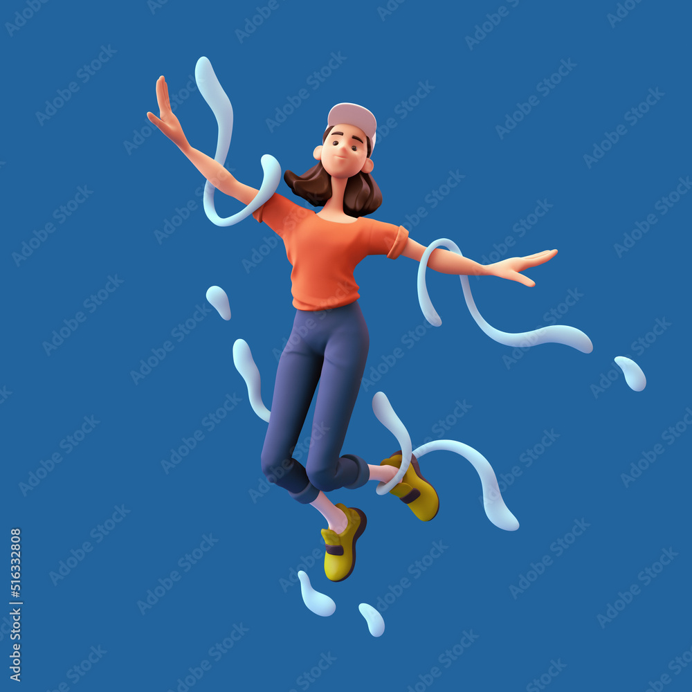 Excited cute asian active girl in blue jeans, orange t-shirt, green sneakers jump up in air imitate flight of airplane with her hands have fun, rejoice joy, liquid dynamic shape bubbles fly. 3d render