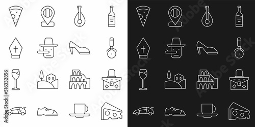 Set line Cheese, Handbag, Pizza knife, Mandolin, Pinocchio, Pope hat, Slice of pizza and Woman shoe icon. Vector
