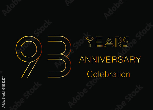 93 Years anniversary celebration. Design golden color isolated on black background for celebration event.