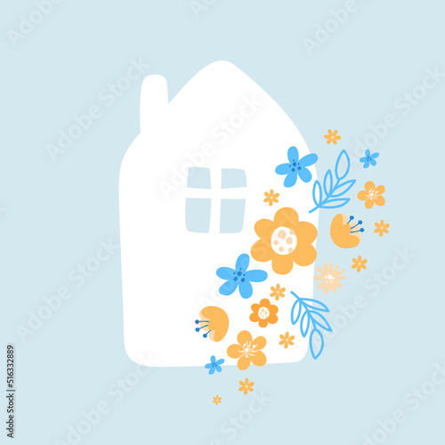 Vector house of Ukraine with flowers on blue background. Stop War in my home concept illustration. love Ukrainian people. Save Ukraine from Russia