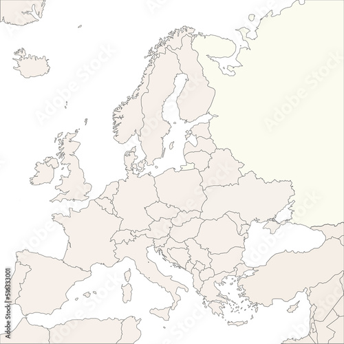 ヨーロッパ全体の白地図と国境、ロシア、トルコ、地中海沿岸