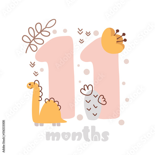 11 eleven months anniversary card. Baby shower print with cute animal dino and flowers capturing all special moments. Baby milestone card for newborn girl