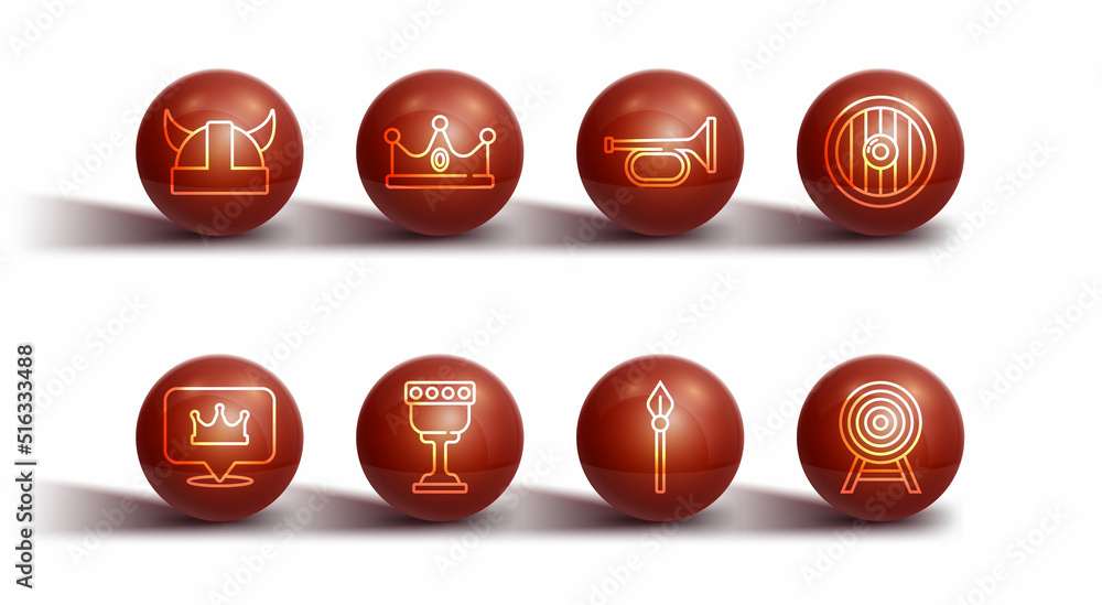 Set line Viking in horned helmet, Location crown, Round wooden shield, Medieval spear, goblet, King, Target with arrow and Trumpet icon. Vector Set line Viking in horned helmet, Location crown, Round wooden shield, Medieval spear, goblet, King, Target with arrow and Trumpet icon. Vector