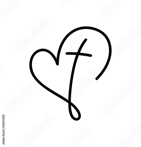 Vector Christian logo monoline Heart with Cross on a White Background. Hand Drawn Calligraphic symbol. Minimalistic religion icon