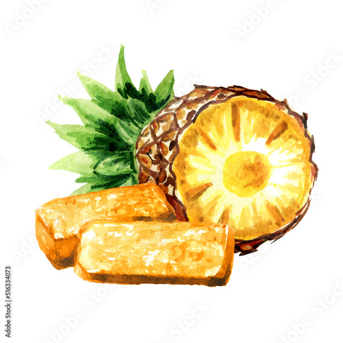 Homemade Pineapple marmalade, jam, jelly. Hand drawn watercolor illustration  isolated on white background