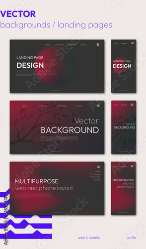 Collection of landing page templates. Modern gradient backgrounds for multi purpose use, phone and web layout - fully editable 