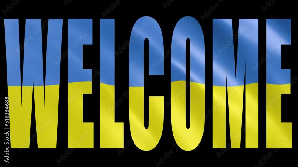 Welcome Sign silhouette with ukranian flag waving in the wind. seamless loopable animation. Welcome Sign silhouette with ukranian flag waving in the wind. seamless loopable animation.