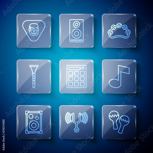 Set line Stereo speaker, Musical tuning fork, Maracas, Tambourine, Drum machine, Clarinet, Guitar pick and note, tone icon. Vector