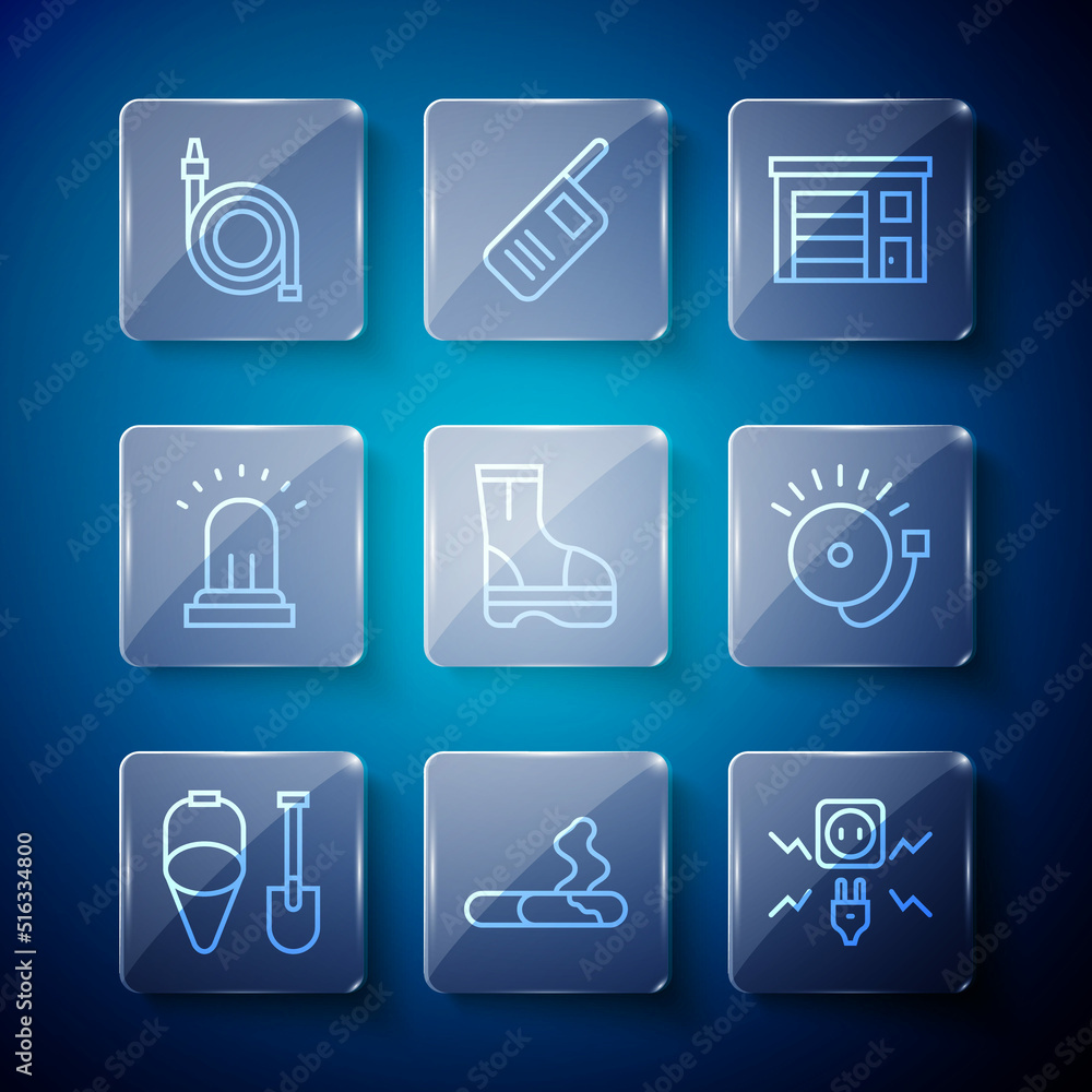 Set line Fire shovel and bucket, Cigarette, Electricity spark, Building of fire station, boots, Ringing alarm bell, hose reel and icon. Vector Set line Fire shovel and bucket, Cigarette, Electricity spark, Building of fire station, boots, Ringing alarm bell, hose reel and icon. Vector