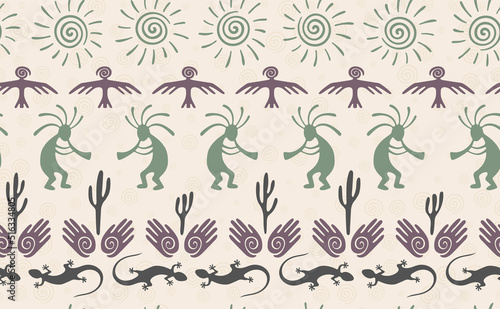 Kokopelli with flute, pangolin, hawk, sun symbol, hands and plant tribal vector seamless pattern.