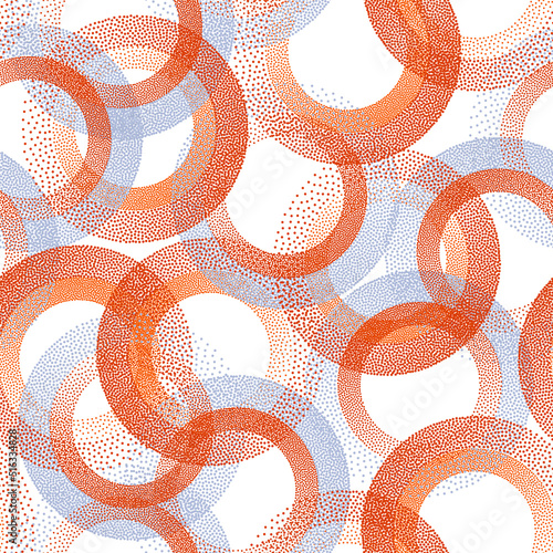 Circle ring shapes of dots contemporary vector seamless pattern.
