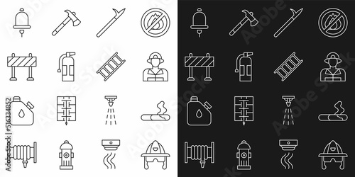 Set line Firefighter helmet, Cigarette, Metal pike pole, extinguisher, Road barrier, Ringing alarm bell and escape icon. Vector